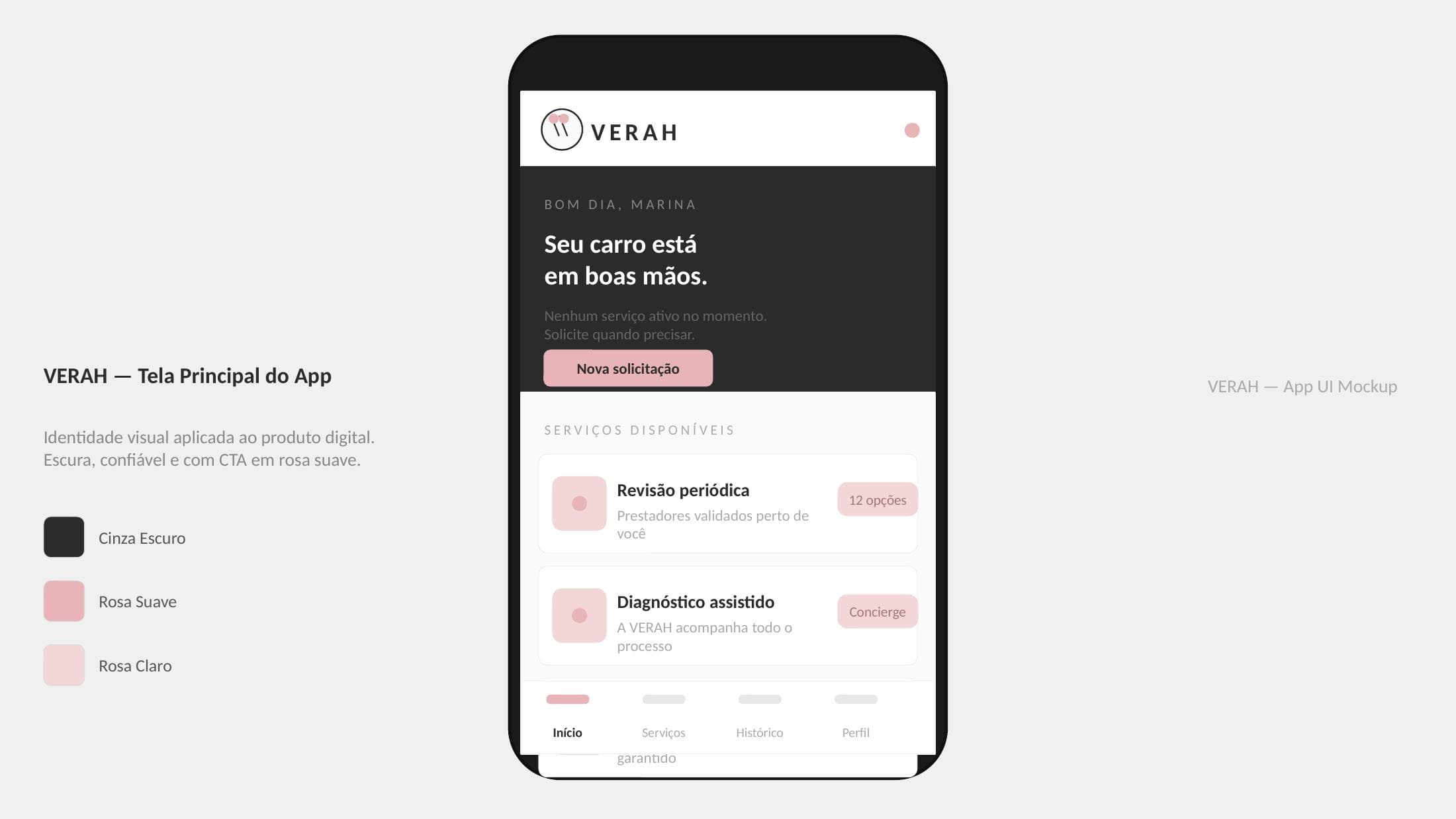 Mockup do app VERAH com tela inicial, nova solicitação e serviços disponíveis